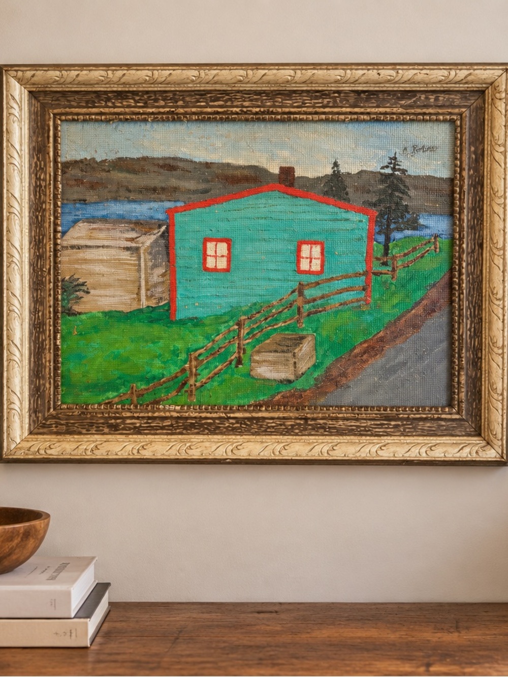Vintage Folk Art Coastal Landscape Painting